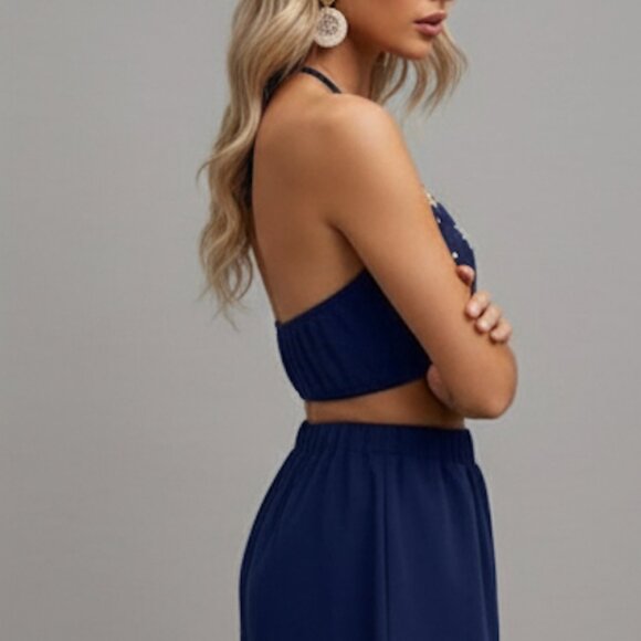 Floral Embroidery Crop Tank Top And Loose Shorts Set Blue - Picture 4 of 6